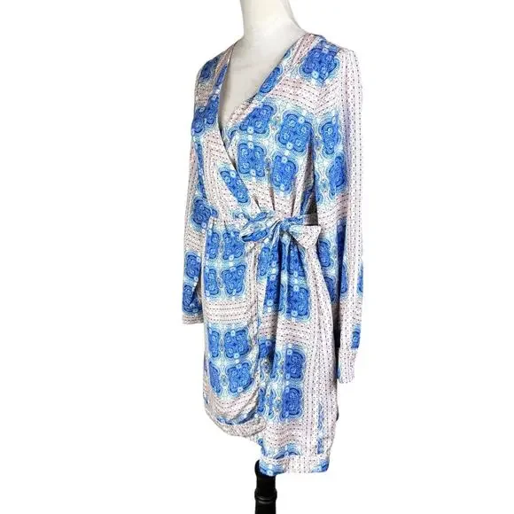 Ciebon Rachelle Blue Multi Print V-neck Long Sleeve Mini Wrap Dress - Picture 6 of 16